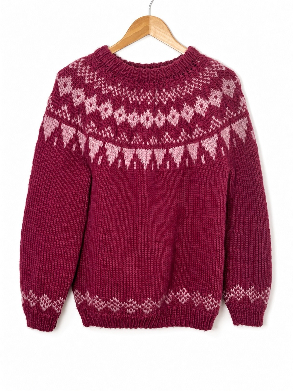 Handmade Chunky Wool Fair Isle Sweater | raspberry + pink | M